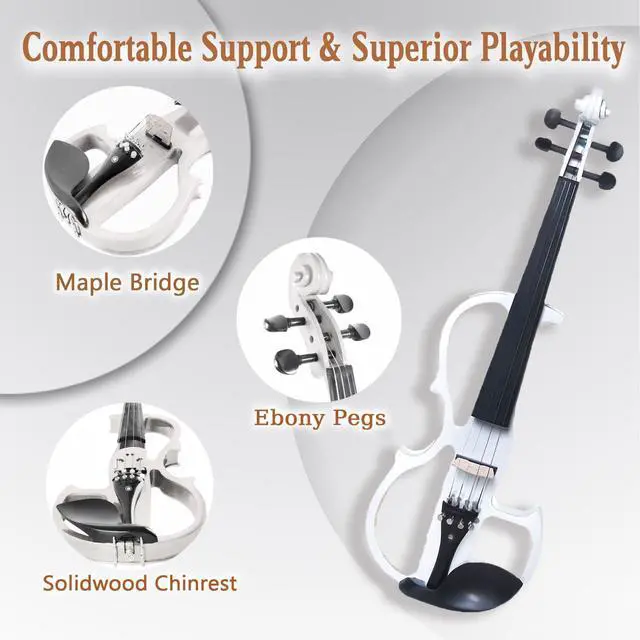 Alt view image 4 of 7 - Electric Violin, Solid 4/4 Full Size Silent Violin Fiddle with Ebony Fittings, Beginner Violin with Case, Bow, Aux Cable, and Headphones (Pearl White)