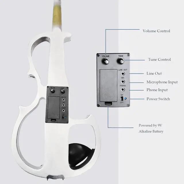 Alt view image 3 of 7 - Electric Violin, Solid 4/4 Full Size Silent Violin Fiddle with Ebony Fittings, Beginner Violin with Case, Bow, Aux Cable, and Headphones (Pearl White)