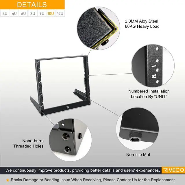 Alt view image 2 of 4 - 10U Desktop Rack for Audio & Network Devices 19 Inch 2 Post Open Frame Shelf with Reinforced Beam, Free Standing Racks for IT Server Sound AV Music Recording Equipment
