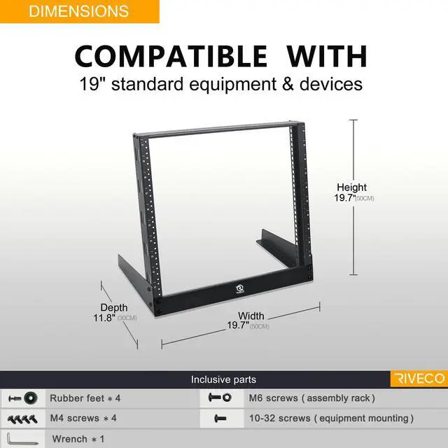 Alt view image 3 of 4 - 10U Desktop Rack for Audio & Network Devices 19 Inch 2 Post Open Frame Shelf with Reinforced Beam, Free Standing Racks for IT Server Sound AV Music Recording Equipment