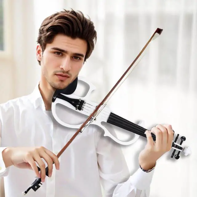 Alt view image 6 of 7 - Electric Violin, Solid 4/4 Full Size Silent Violin Fiddle with Ebony Fittings, Beginner Violin with Case, Bow, Aux Cable, and Headphones (Pearl White)