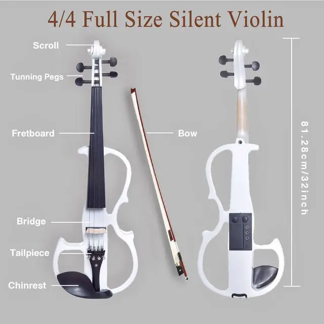 Alt view image 5 of 7 - Electric Violin, Solid 4/4 Full Size Silent Violin Fiddle with Ebony Fittings, Beginner Violin with Case, Bow, Aux Cable, and Headphones (Pearl White)