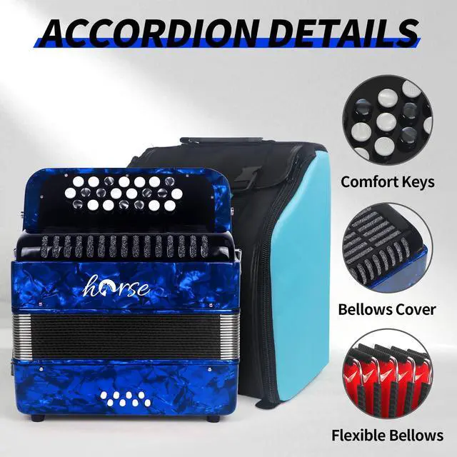 Alt view image 2 of 7 - 22 Key 8 Bass Accordion, Acordeones Para Adultos, Stable Pitch Polished 22 Key Accordions, Comfortable Sensitive to the Touch Button Accordion, Acordeón De Adulto Azul for Beginners with Bag (Blue)