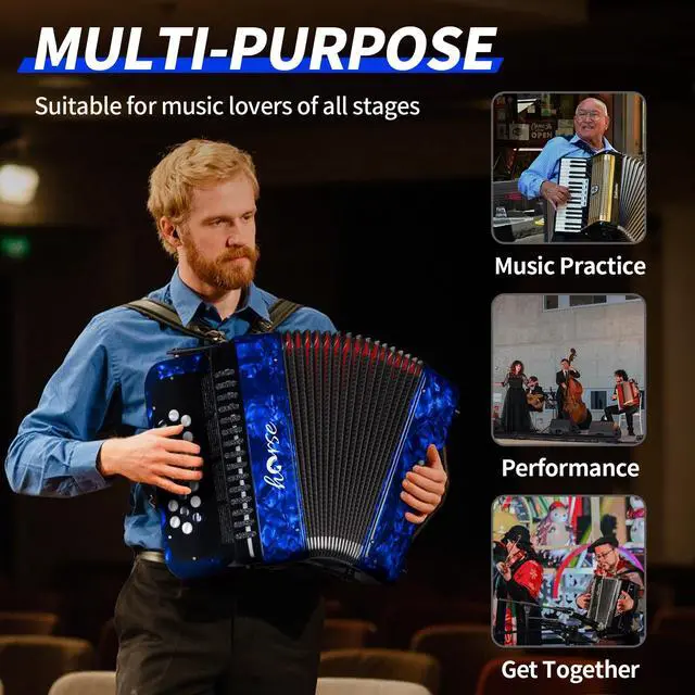 Alt view image 4 of 7 - 22 Key 8 Bass Accordion, Acordeones Para Adultos, Stable Pitch Polished 22 Key Accordions, Comfortable Sensitive to the Touch Button Accordion, Acordeón De Adulto Azul for Beginners with Bag (Blue)