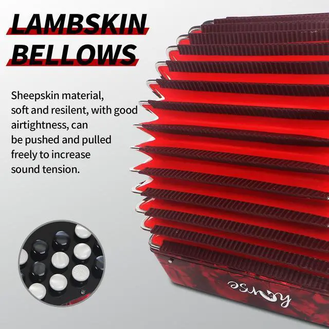 Alt view image 2 of 7 - 22 Key 8 Bass Accordion, Acordeones Para Adultos, Stable Pitch Polished 22 Key Accordions, Comfortable Sensitive to the Touch Button Accordion, Acordeón De Adulto Azul for Beginners with Bag (Red)