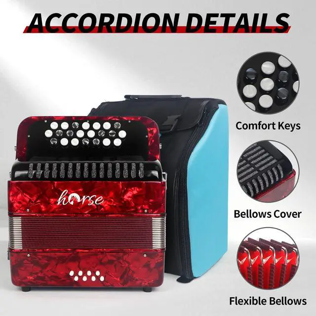 Alt view image 3 of 7 - 22 Key 8 Bass Accordion, Acordeones Para Adultos, Stable Pitch Polished 22 Key Accordions, Comfortable Sensitive to the Touch Button Accordion, Acordeón De Adulto Azul for Beginners with Bag (Red)