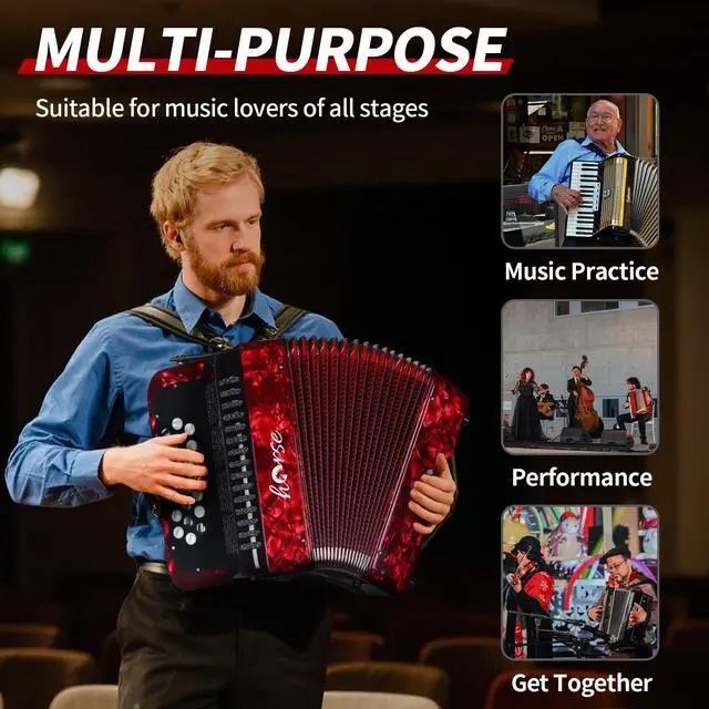 Alt view image 4 of 7 - 22 Key 8 Bass Accordion, Acordeones Para Adultos, Stable Pitch Polished 22 Key Accordions, Comfortable Sensitive to the Touch Button Accordion, Acordeón De Adulto Azul for Beginners with Bag (Red)