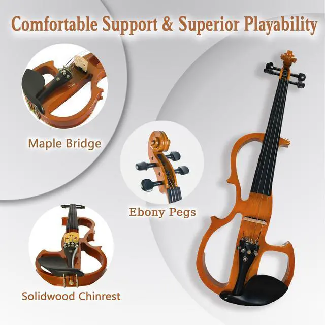 Alt view image 4 of 7 - Electric Violin, 4/4 Full Size Silent Violin Varnish Solid Wood Quite Violin Fiddle with Ebony Fittings, Beginner Violin for Adults Students(Maple)