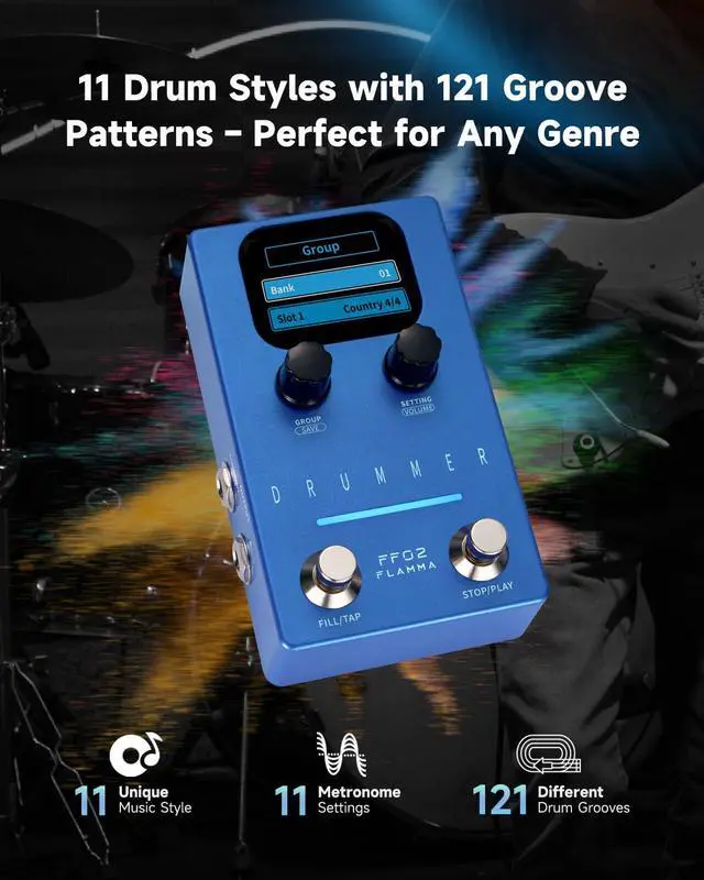 Alt view image 2 of 7 - FF02 Drum Machine Guitar Pedal - 121 Drum Grooves, 11 Music Genres, Tap Tempo, Adjustable Rhythms, Stereo I/O for Live & Studio Use