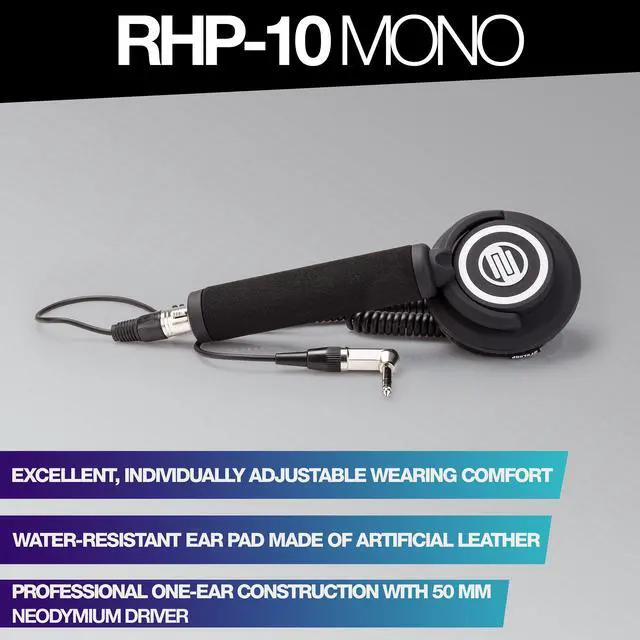 Alt view image 7 of 7 - RHP 10 Mono Professional One-Ear Headphone with 50mm Neodymium Driver | Xlr Lock Plus Coiled 6.3mm Cable, 24, 30hz-30khz, Vegan Leather Bag