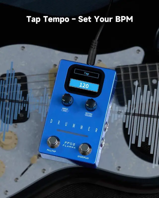 Alt view image 4 of 7 - FF02 Drum Machine Guitar Pedal - 121 Drum Grooves, 11 Music Genres, Tap Tempo, Adjustable Rhythms, Stereo I/O for Live & Studio Use
