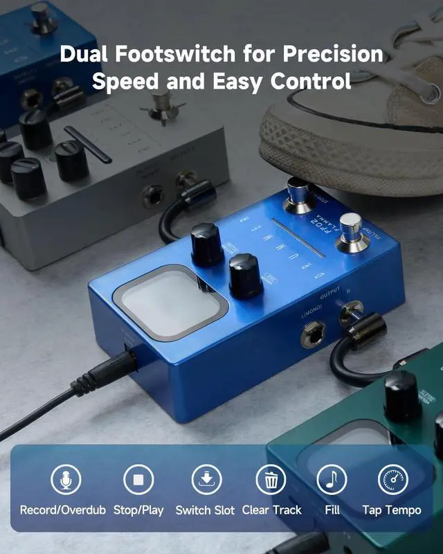 Alt view image 5 of 7 - FF02 Drum Machine Guitar Pedal - 121 Drum Grooves, 11 Music Genres, Tap Tempo, Adjustable Rhythms, Stereo I/O for Live & Studio Use