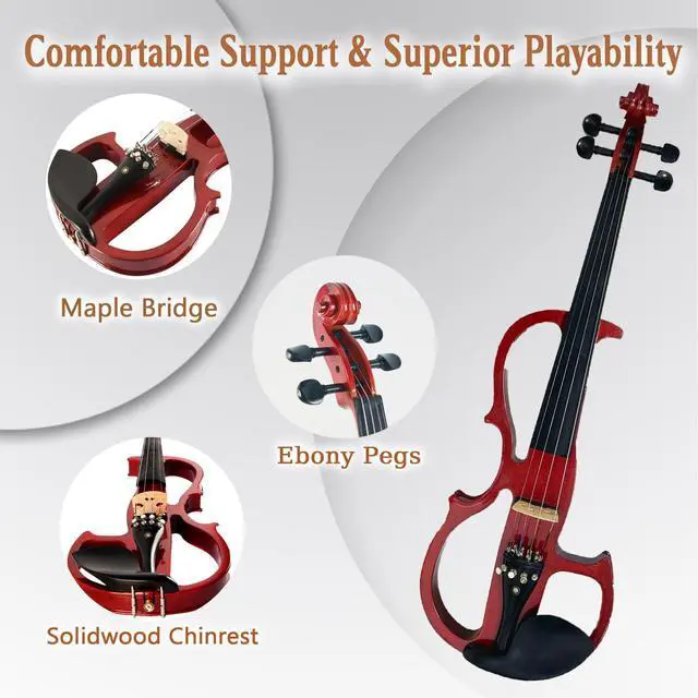 Alt view image 4 of 7 - Electric Violin, 4/4 Full Size Solid Silent Fiddle with Ebony Fittings, Silent Electric Violin Kit for Beginner Students (Mahogany)
