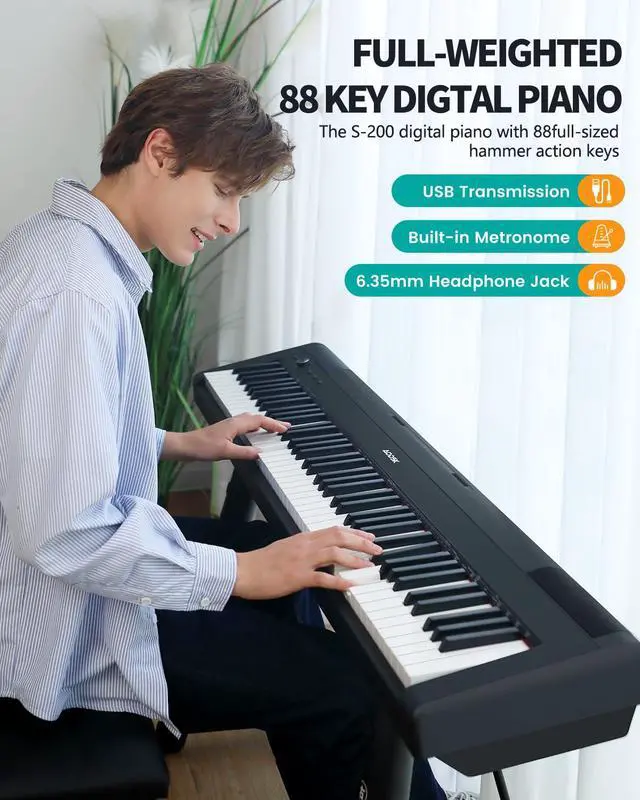 Alt view image 5 of 7 - Digital Piano 88 Key Weighted keyboard Piano with Portable and stable U stand, Full Size Weighted Keyboard, with 3-Pedal Unit, 2x15W Stereo Speakers, MP3 Function, Black, Piano Lessons
