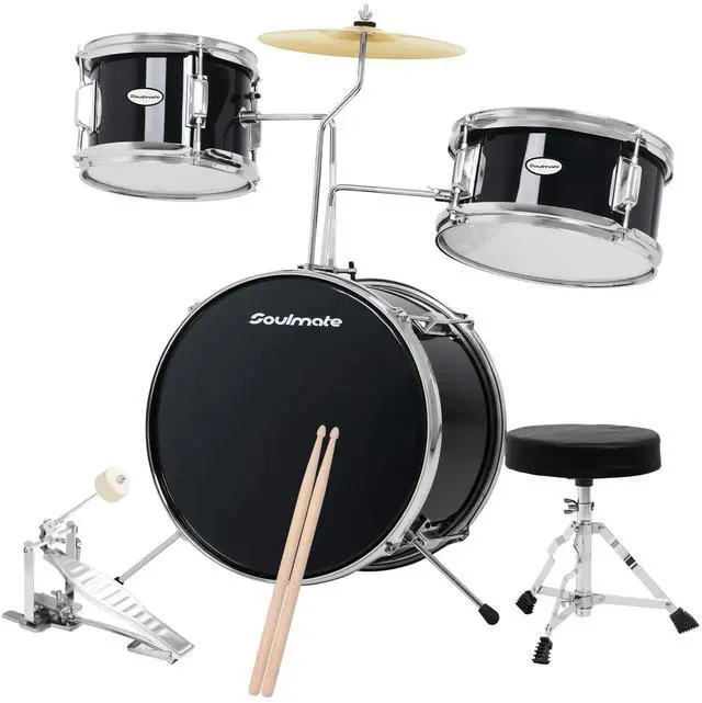 Main image of Kids Drum Set - 3 Piece 14 Inch Beginner Drum Kit for Kids Boys & Girls with Adjustable Drum Throne, Bass Pedal, Cymbal & Drumsticks (Black)