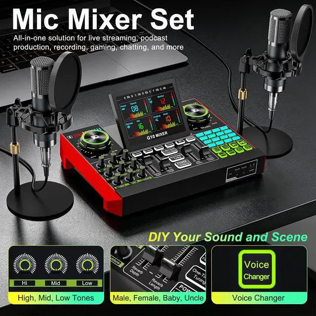 Alt view image 2 of 7 - G10 Podcast Equipment Bundle for 2 with Live Sound Board Audio Mixer - Two Condenser Mics, Voice Changer, Noise Reduction, for PC/Phone Streaming, Gaming, Singing, Podcast, Recording
