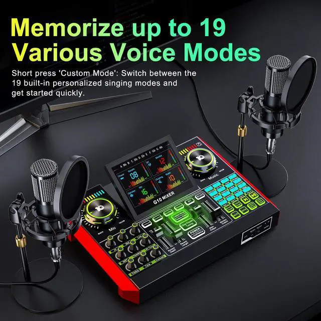 Alt view image 3 of 7 - G10 Podcast Equipment Bundle for 2 with Live Sound Board Audio Mixer - Two Condenser Mics, Voice Changer, Noise Reduction, for PC/Phone Streaming, Gaming, Singing, Podcast, Recording