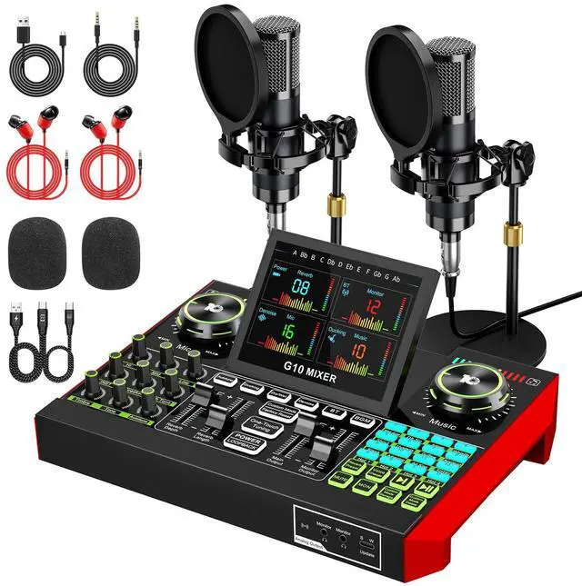 Main image of G10 Podcast Equipment Bundle for 2 with Live Sound Board Audio Mixer - Two Condenser Mics, Voice Changer, Noise Reduction, for PC/Phone Streaming, Gaming, Singing, Podcast, Recording