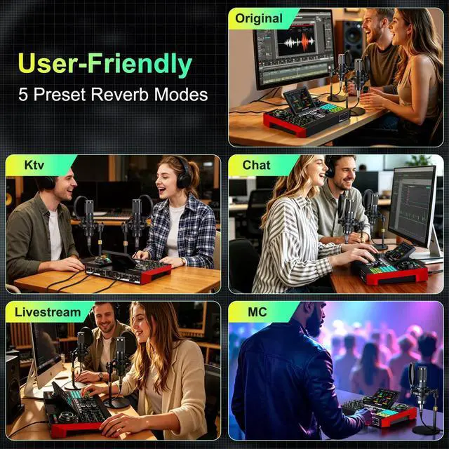 Alt view image 4 of 7 - G10 Podcast Equipment Bundle for 2 with Live Sound Board Audio Mixer - Two Condenser Mics, Voice Changer, Noise Reduction, for PC/Phone Streaming, Gaming, Singing, Podcast, Recording
