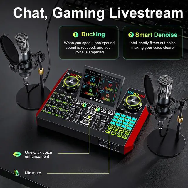 Alt view image 5 of 7 - G10 Podcast Equipment Bundle for 2 with Live Sound Board Audio Mixer - Two Condenser Mics, Voice Changer, Noise Reduction, for PC/Phone Streaming, Gaming, Singing, Podcast, Recording