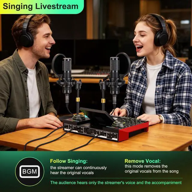 Alt view image 6 of 7 - G10 Podcast Equipment Bundle for 2 with Live Sound Board Audio Mixer - Two Condenser Mics, Voice Changer, Noise Reduction, for PC/Phone Streaming, Gaming, Singing, Podcast, Recording