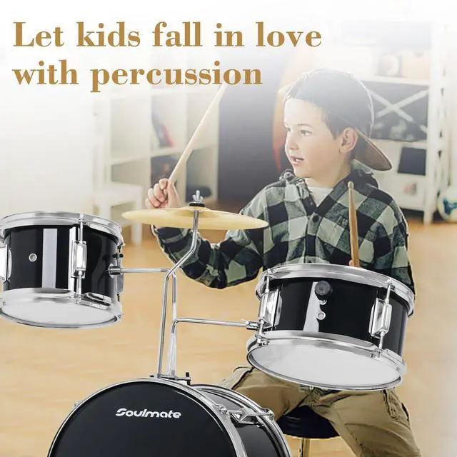 Alt view image 3 of 7 - Kids Drum Set - 3 Piece 14 Inch Beginner Drum Kit for Kids Boys & Girls with Adjustable Drum Throne, Bass Pedal, Cymbal & Drumsticks (Black)