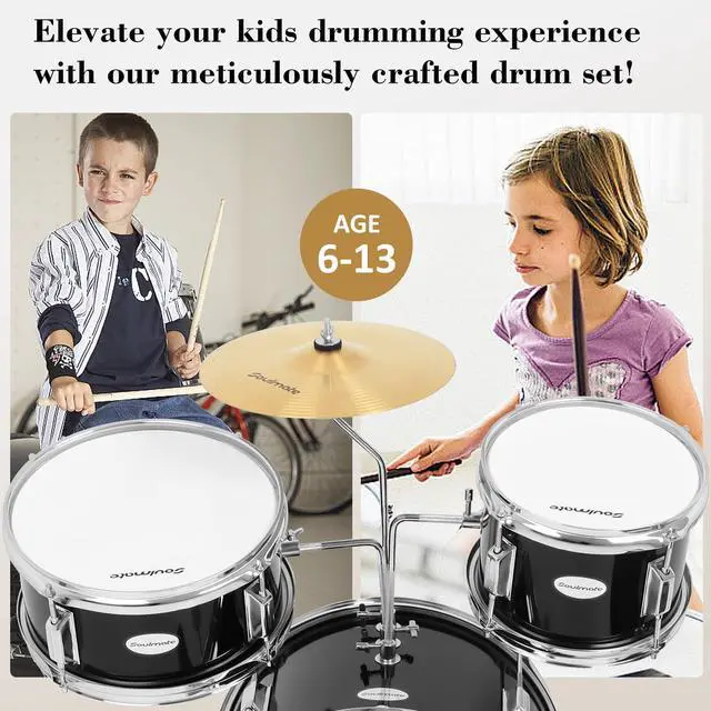 Alt view image 5 of 7 - Kids Drum Set - 3 Piece 14 Inch Beginner Drum Kit for Kids Boys & Girls with Adjustable Drum Throne, Bass Pedal, Cymbal & Drumsticks (Black)
