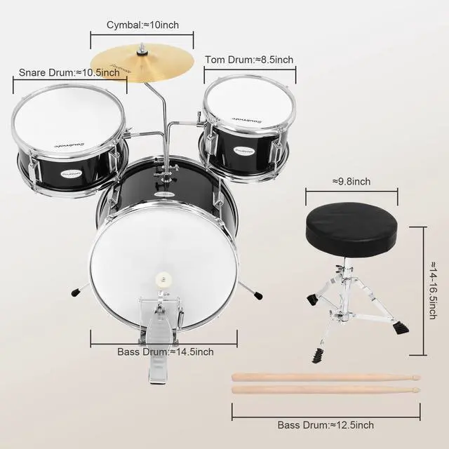 Alt view image 6 of 7 - Kids Drum Set - 3 Piece 14 Inch Beginner Drum Kit for Kids Boys & Girls with Adjustable Drum Throne, Bass Pedal, Cymbal & Drumsticks (Black)