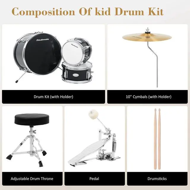 Alt view image 7 of 7 - Kids Drum Set - 3 Piece 14 Inch Beginner Drum Kit for Kids Boys & Girls with Adjustable Drum Throne, Bass Pedal, Cymbal & Drumsticks (Black)