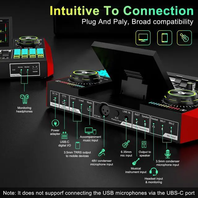 Alt view image 7 of 7 - G10 Podcast Equipment Bundle for 2 with Live Sound Board Audio Mixer - Two Condenser Mics, Voice Changer, Noise Reduction, for PC/Phone Streaming, Gaming, Singing, Podcast, Recording