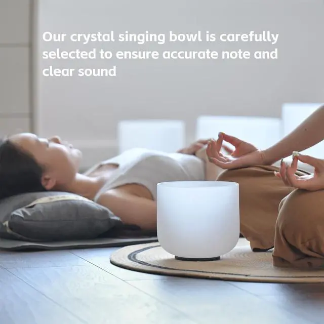 Alt view image 2 of 6 - 432HZ 7 Inch F Note Heart Chakra Frosted Quartz Crystal Singing Bowl | Meditation Therapy, Sound Healing Bowl, with Mallet O-ring, White Carry Bag