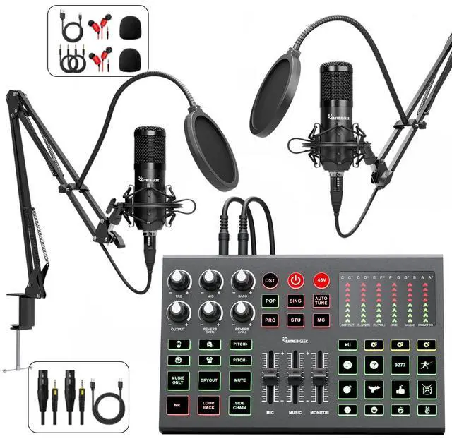 Main image of Podcast Equipment Bundle for 2, Audio Interface Mixer with Condenser Microphones, Noise Cancellation, Voice Change, 48V Phantom for Podcasting, Streaming, Recording, Gaming, TikTok, PC, Phone (V1)