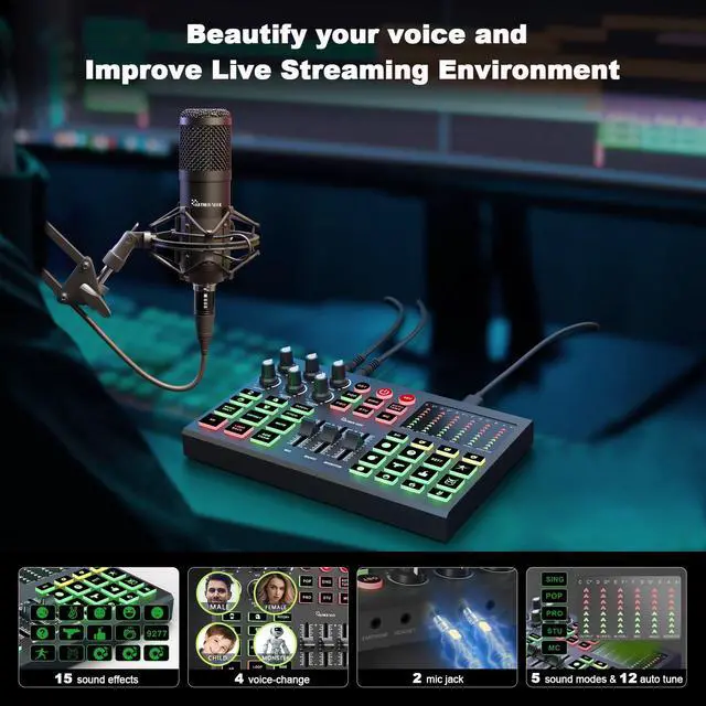Alt view image 6 of 7 - Podcast Equipment Bundle for 2, Audio Interface Mixer with Condenser Microphones, Noise Cancellation, Voice Change, 48V Phantom for Podcasting, Streaming, Recording, Gaming, TikTok, PC, Phone (V1)