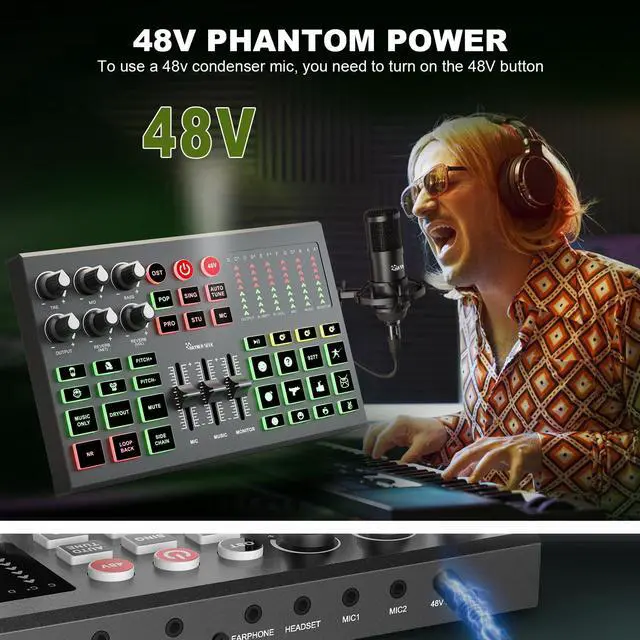 Alt view image 7 of 7 - Podcast Equipment Bundle for 2, Audio Interface Mixer with Condenser Microphones, Noise Cancellation, Voice Change, 48V Phantom for Podcasting, Streaming, Recording, Gaming, TikTok, PC, Phone (V1)