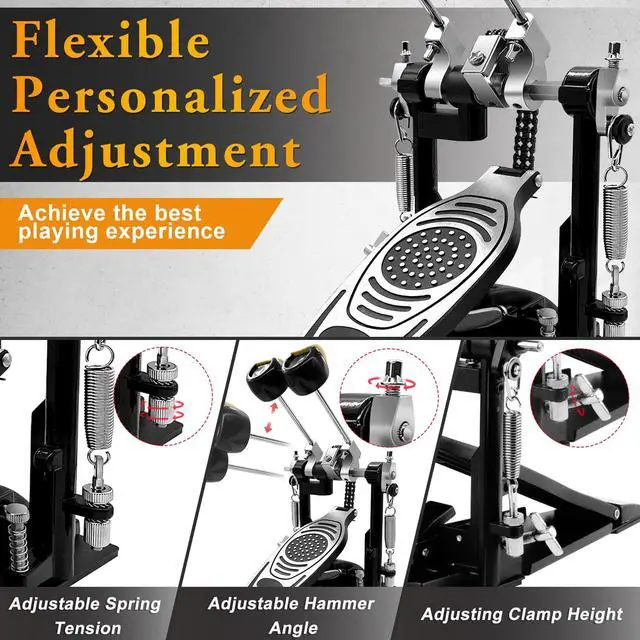 Alt view image 3 of 7 - Double Bass Drum Pedal Kick Drum Pedal Double Chain Drive Adjustable Beater Head Pedals Drum Step On Hammer,Foot Percussion Hardware,Bass Pedal For Drum Set Bass Pedal Drum Accessories