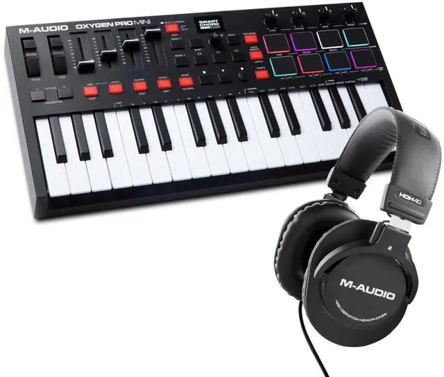 Main image of Oxygen Pro Mini 32 Key USB MIDI Keyboard Controller with Beat Pads and HDH40 Over Ear Studio Headphones