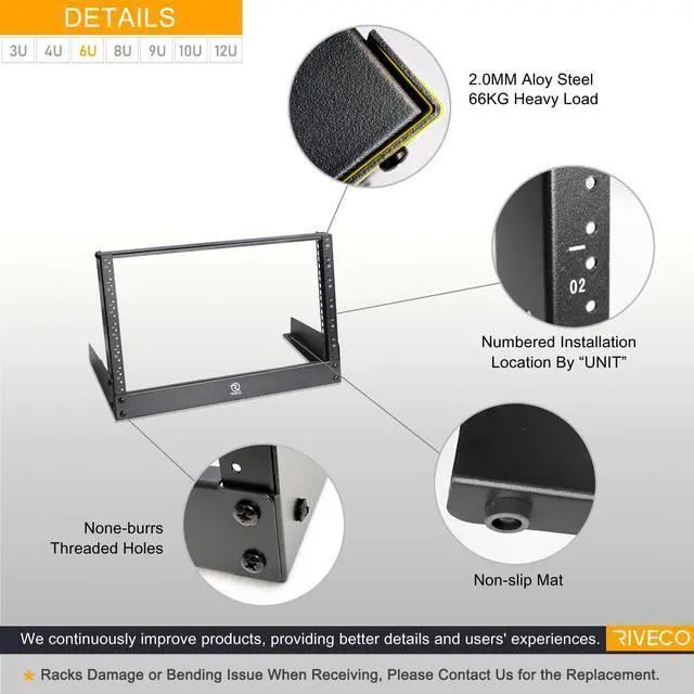 Alt view image 2 of 4 - 6U Desktop Rack for Audio & Network Devices 19 Inch 2 Post Table Top Rack Mount with Reinforced Beam, Free Standing Racks for IT Server Sound AV Music Recording Equipment