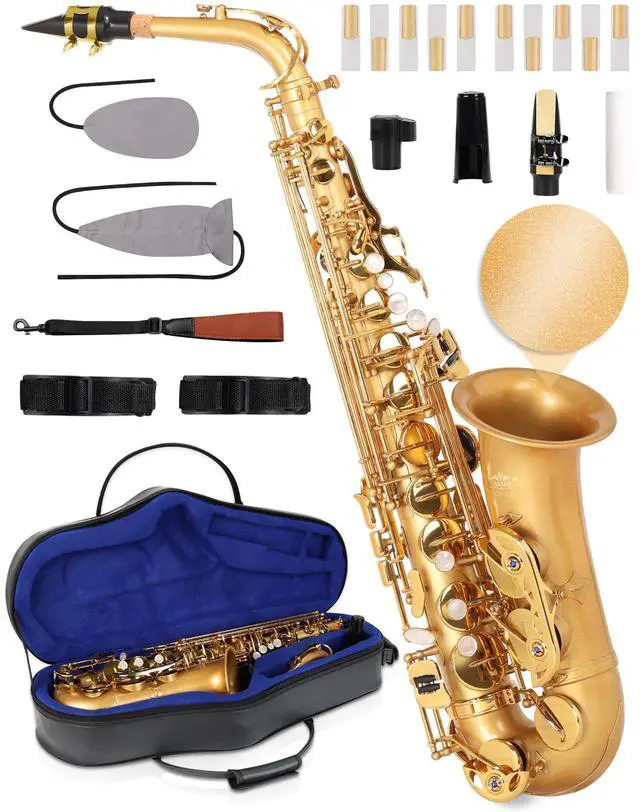 Main image of Handcrafted E-Flat Alto Saxophone: Matte Gold Brass Body with Warm, Rich Tone, Secure Air Seal, Smooth 23-Key System, Includes Reeds Premium Leather Case & Saxophone Cleaning Kit (CH-EG)
