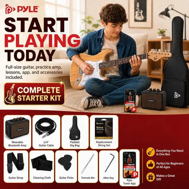 Alt view image 2 of 7 - Electric Guitar and Amp Kit - Full Size 39" Complete Starter Kit with Wearable Bluetooth Amplifier, 1/4 Cable, Carry Case, Strap, Strings, Picks, Cleaning Cloth, ST-Style Pickups (Natural)