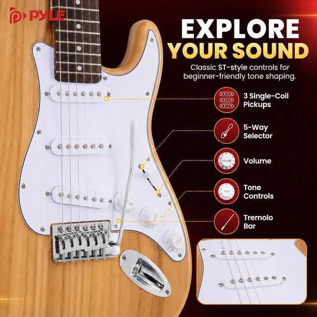 Alt view image 5 of 7 - Electric Guitar and Amp Kit - Full Size 39" Complete Starter Kit with Wearable Bluetooth Amplifier, 1/4 Cable, Carry Case, Strap, Strings, Picks, Cleaning Cloth, ST-Style Pickups (Natural)
