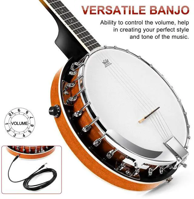 Alt view image 3 of 7 - Banjo 5 String Acoustic Electric Full Size Closed Back Set with Mahogany Resonator Remo Head Banjoe 24 Brackets with Geared 5th Pegs for Beginners Adults