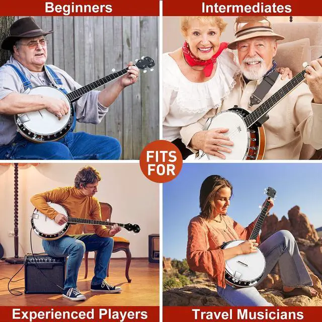 Alt view image 2 of 7 - Banjo 5 String Acoustic Electric Full Size Closed Back Set with Mahogany Resonator Remo Head Banjoe 24 Brackets with Geared 5th Pegs for Beginners Adults