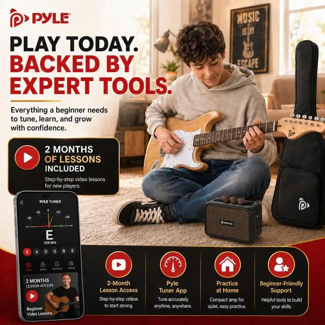 Alt view image 7 of 7 - Electric Guitar and Amp Kit - Full Size 39" Complete Starter Kit with Wearable Bluetooth Amplifier, 1/4 Cable, Carry Case, Strap, Strings, Picks, Cleaning Cloth, ST-Style Pickups (Natural)