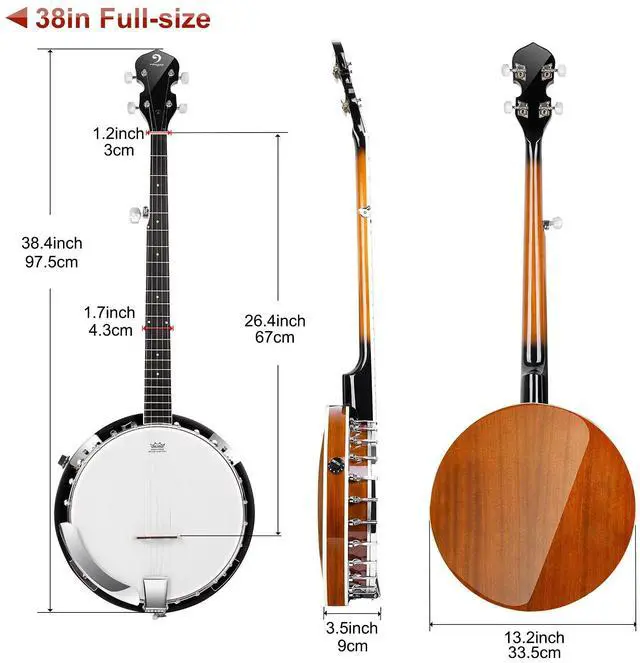 Alt view image 6 of 7 - Banjo 5 String Acoustic Electric Full Size Closed Back Set with Mahogany Resonator Remo Head Banjoe 24 Brackets with Geared 5th Pegs for Beginners Adults