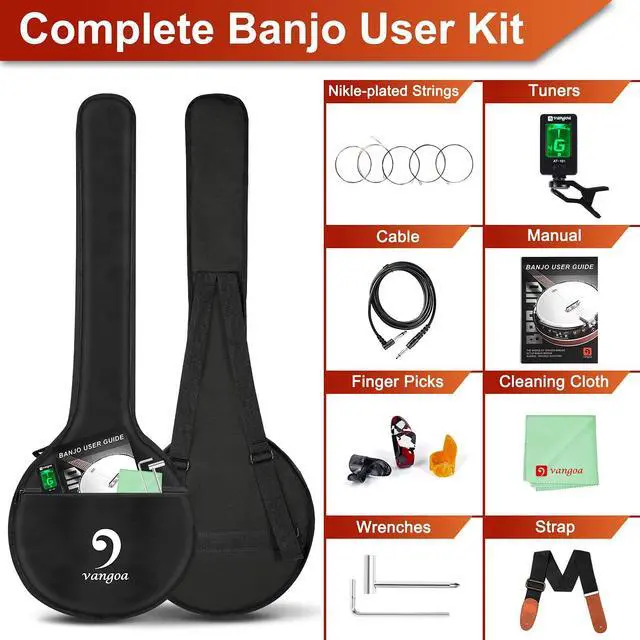 Alt view image 7 of 7 - Banjo 5 String Acoustic Electric Full Size Closed Back Set with Mahogany Resonator Remo Head Banjoe 24 Brackets with Geared 5th Pegs for Beginners Adults