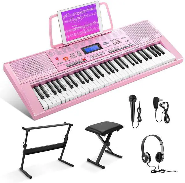 Main image of Electronic Keyboard Piano Kit 61 Key for Beginner, Children Digital E Piano with Stand, Bench, Music Stand and Microphone, Pink, Musical Instrument Birthday Gifts for Kids Girls Daughter