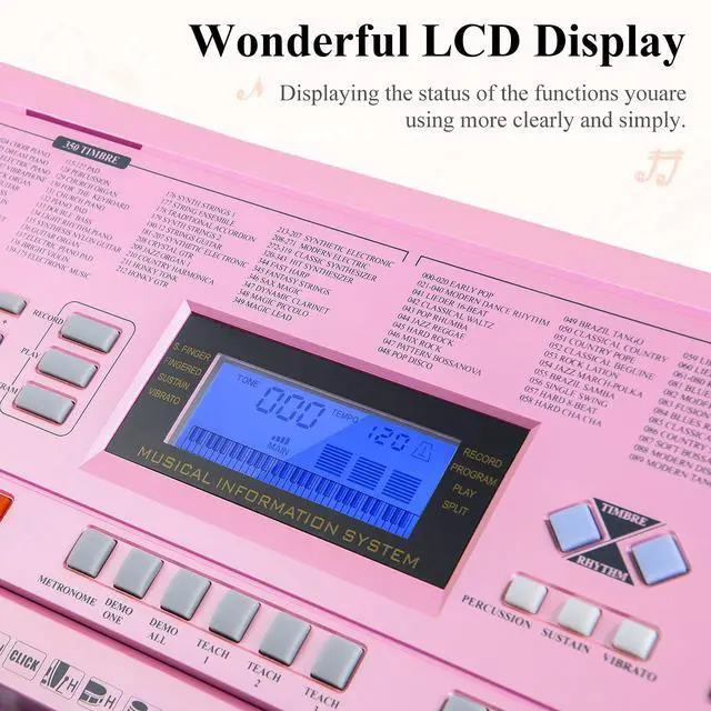 Alt view image 3 of 7 - Electronic Keyboard Piano Kit 61 Key for Beginner, Children Digital E Piano with Stand, Bench, Music Stand and Microphone, Pink, Musical Instrument Birthday Gifts for Kids Girls Daughter