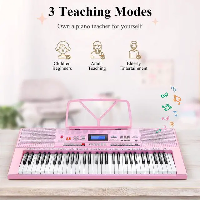Alt view image 5 of 7 - Electronic Keyboard Piano Kit 61 Key for Beginner, Children Digital E Piano with Stand, Bench, Music Stand and Microphone, Pink, Musical Instrument Birthday Gifts for Kids Girls Daughter