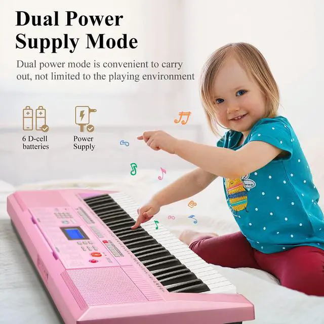 Alt view image 4 of 7 - Electronic Keyboard Piano Kit 61 Key for Beginner, Children Digital E Piano with Stand, Bench, Music Stand and Microphone, Pink, Musical Instrument Birthday Gifts for Kids Girls Daughter
