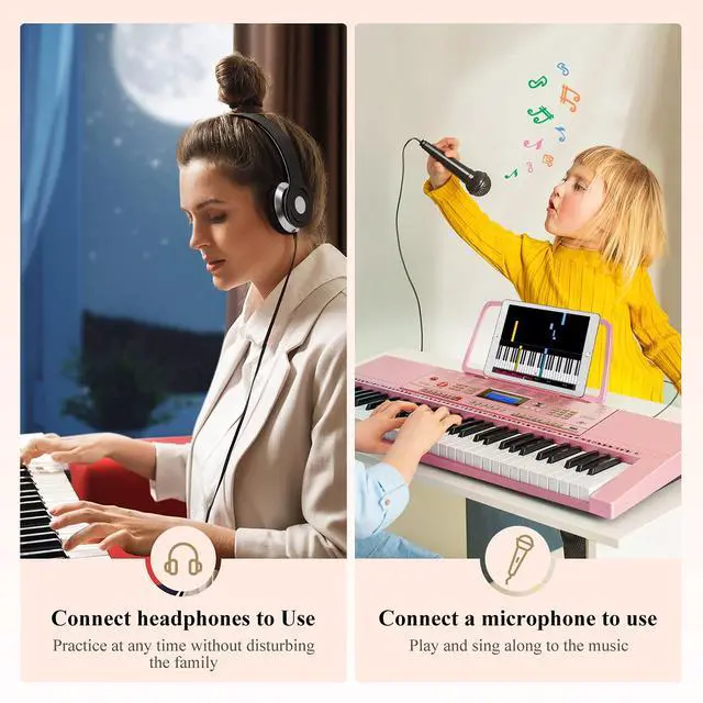 Alt view image 6 of 7 - Electronic Keyboard Piano Kit 61 Key for Beginner, Children Digital E Piano with Stand, Bench, Music Stand and Microphone, Pink, Musical Instrument Birthday Gifts for Kids Girls Daughter